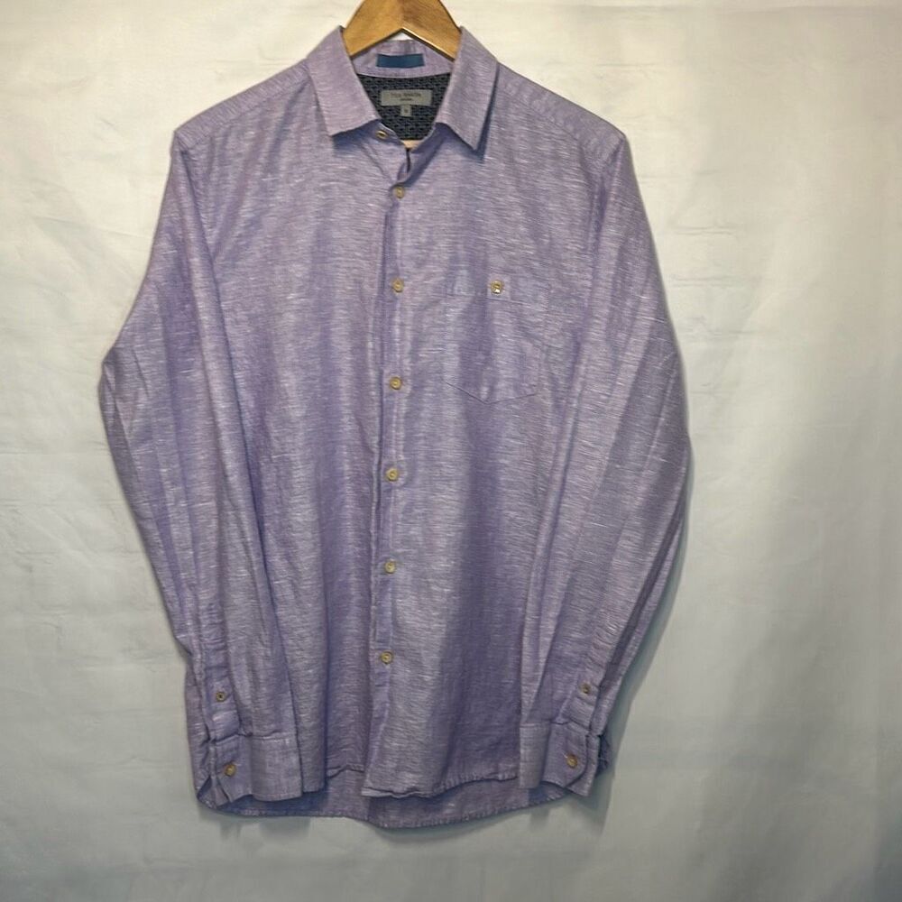 Ted Baker London Mens Purple Long Sleeve Linen Blend Dress shirt size 3 M‎